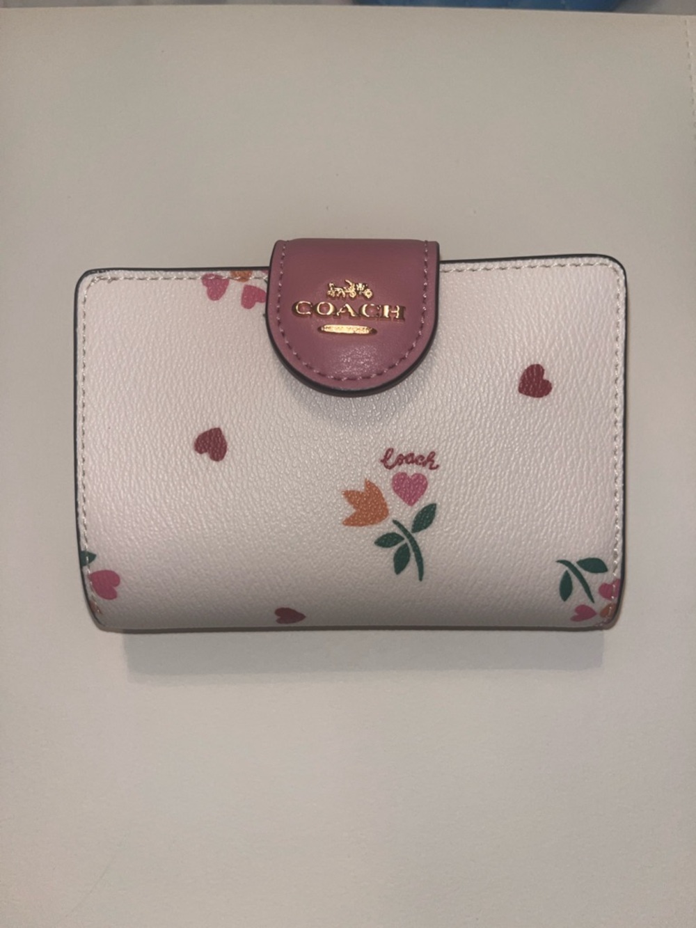 Coach Cream Floral Heart Compact Wallet with Pink Snap